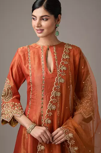 Orange embroidered net kurta set