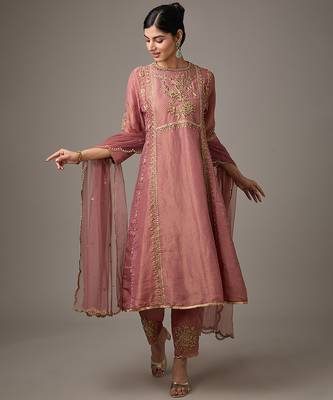 Pink embroidered net kurta set 1
