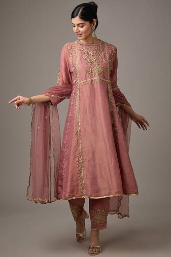 Pink embroidered net kurta set