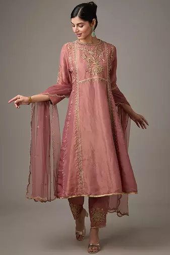 Pink embroidered net kurta set