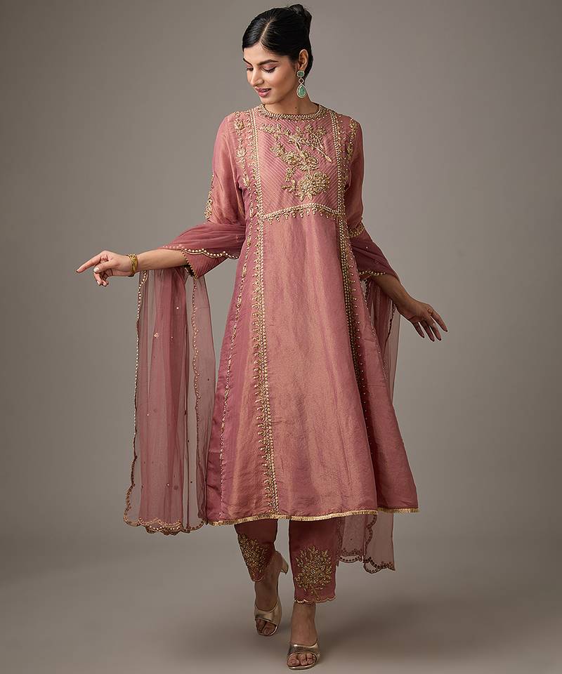 Pink embroidered net kurta set