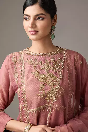 Pink embroidered net kurta set