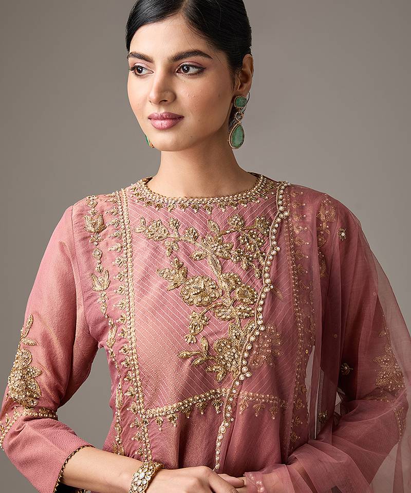Pink embroidered net kurta set