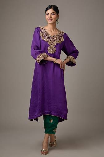 Purple embroidered satin kurta set