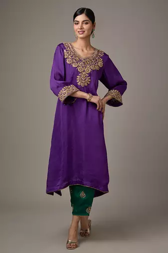 Purple embroidered satin kurta set