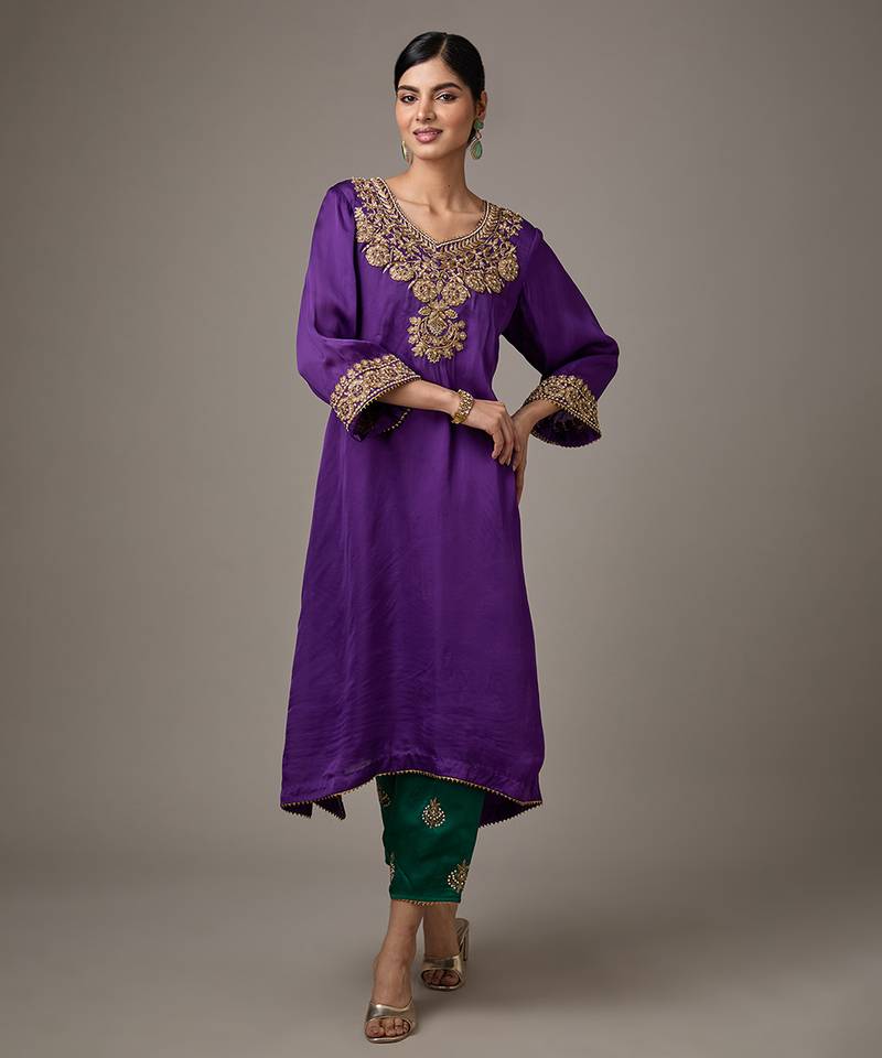 Purple embroidered satin kurta set