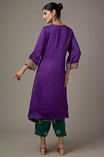 Purple embroidered satin kurta set