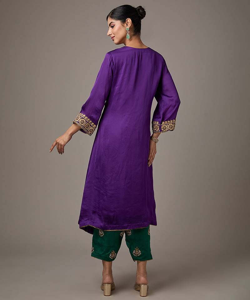 Purple embroidered satin kurta set