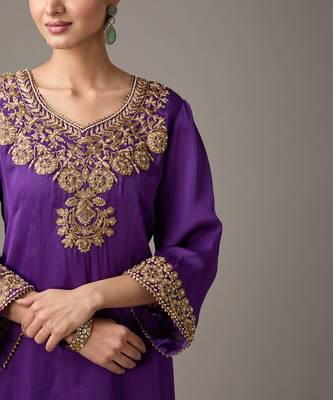 Purple embroidered satin kurta set 4
