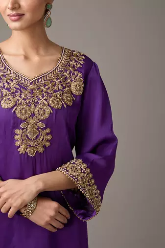 Purple embroidered satin kurta set