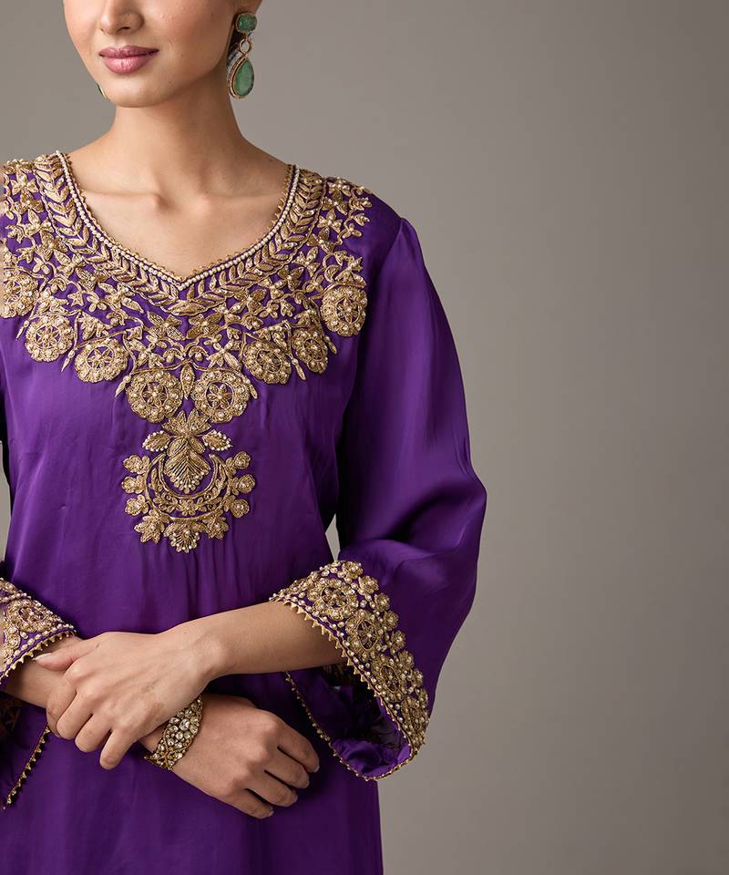 Purple embroidered satin kurta set