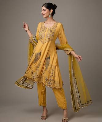 Yellow embroidered net anarkali 1
