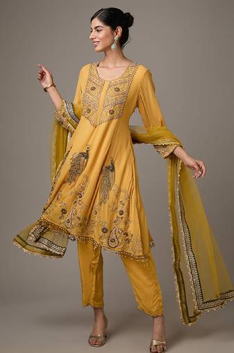 Yellow embroidered net anarkali
