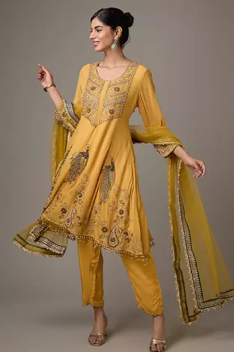Yellow embroidered net anarkali