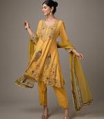 Yellow embroidered net anarkali