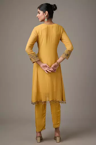 Yellow embroidered net anarkali
