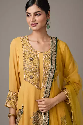 Yellow embroidered net anarkali