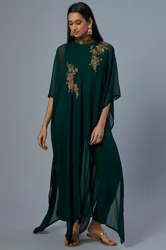 Green embroidered georgette kaftan set