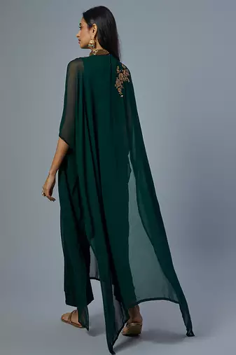 Green embroidered georgette kaftan set