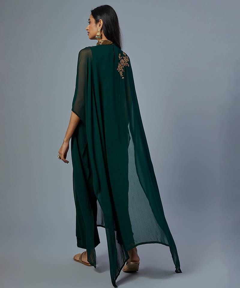 Green embroidered georgette kaftan set