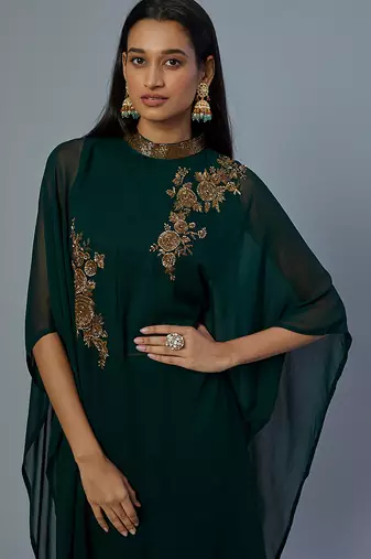 Green embroidered georgette kaftan set
