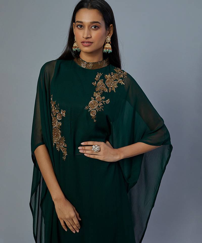 Green embroidered georgette kaftan set