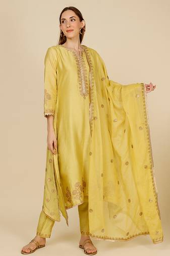 Yellow embroidered chanderi kurta set