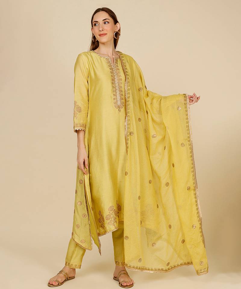 Yellow embroidered chanderi kurta set