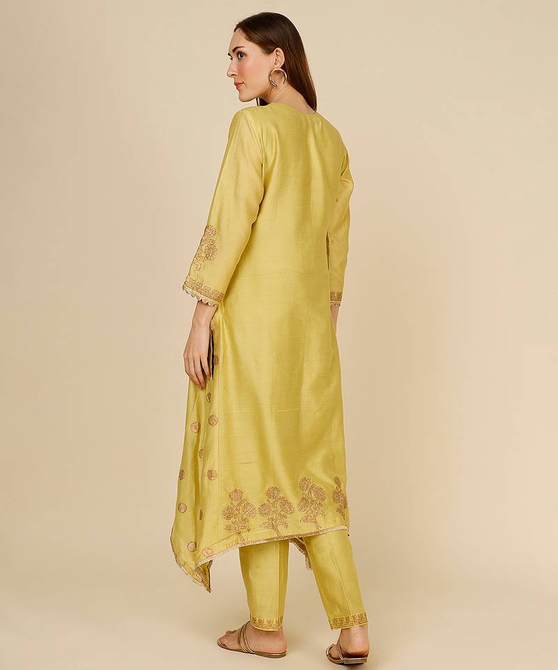 Yellow embroidered chanderi kurta set