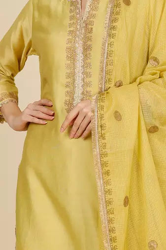 Yellow embroidered chanderi kurta set