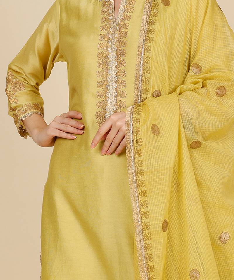 Yellow embroidered chanderi kurta set