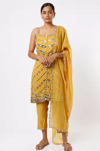 Yellow embroidered organza kurta set