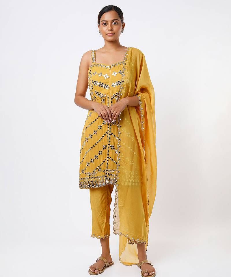 Yellow embroidered organza kurta set