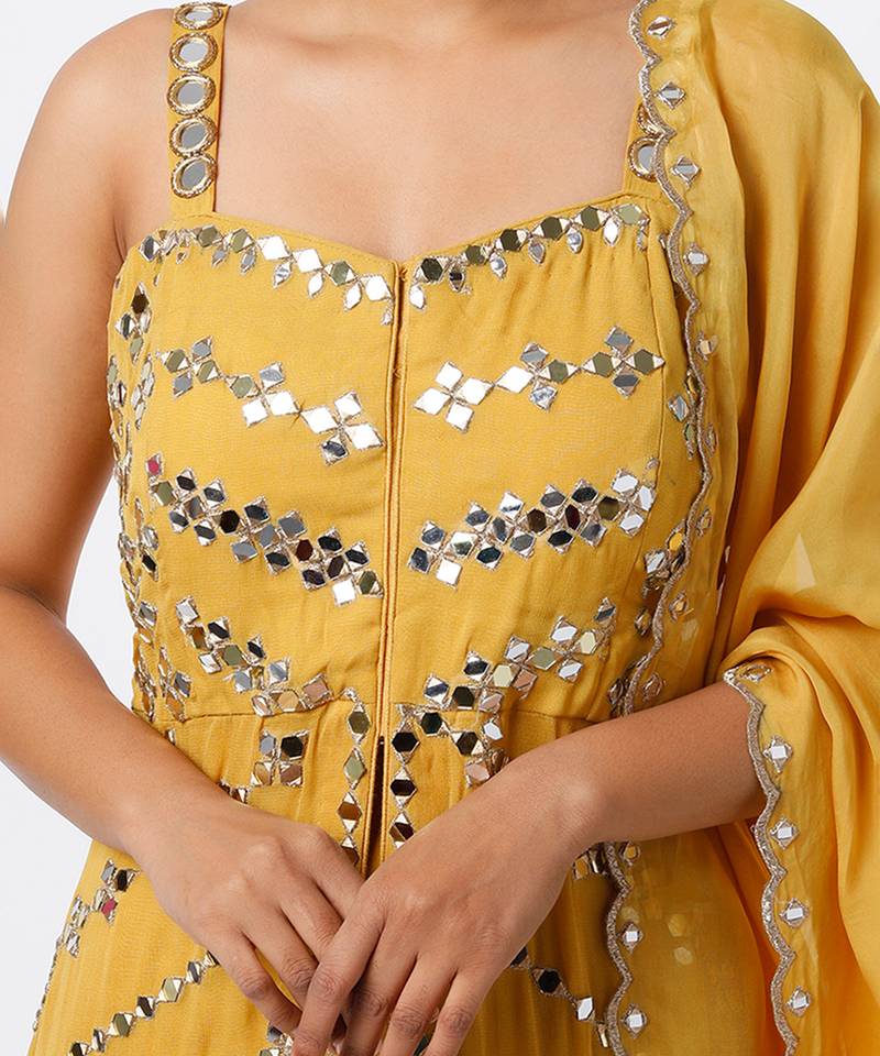 Yellow embroidered organza kurta set