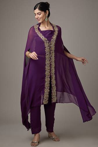 Purple embroidered georgette co ord set