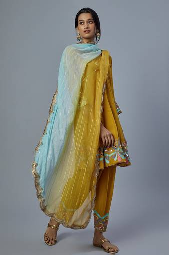 Yellow embroidered silk kurta set