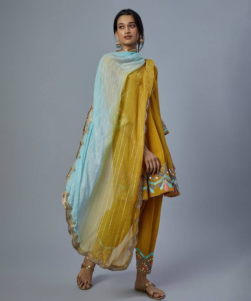 Yellow embroidered silk kurta set