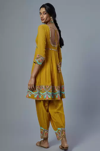Yellow embroidered silk kurta set
