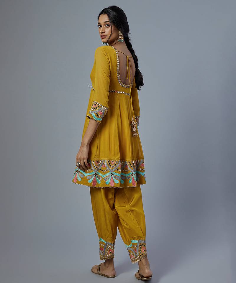 Yellow embroidered silk kurta set