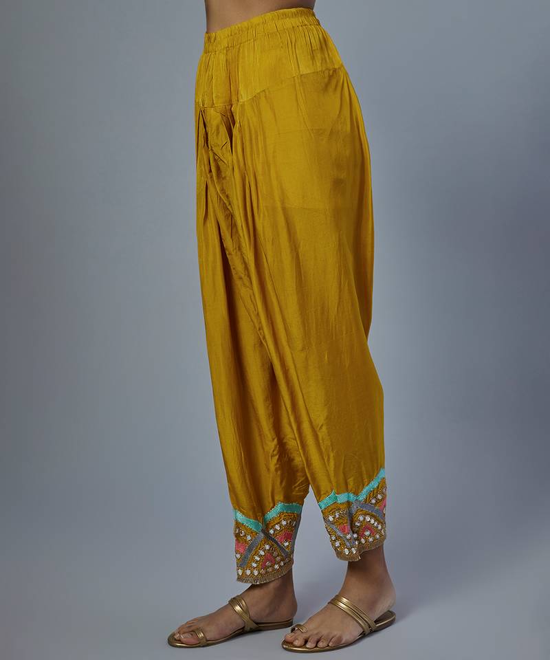 Yellow embroidered silk kurta set