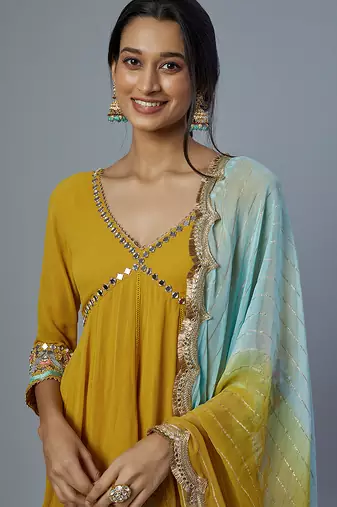 Yellow embroidered silk kurta set