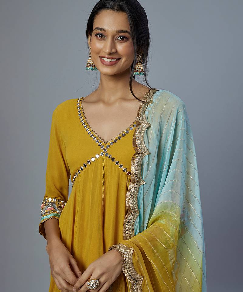Yellow embroidered silk kurta set