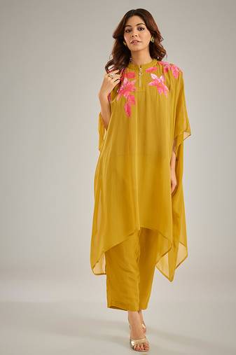 Yellow embroidered crepe kaftan set