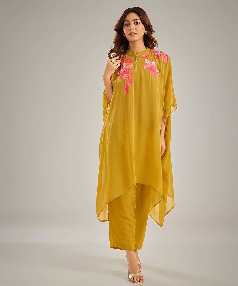 Yellow embroidered crepe kaftan set