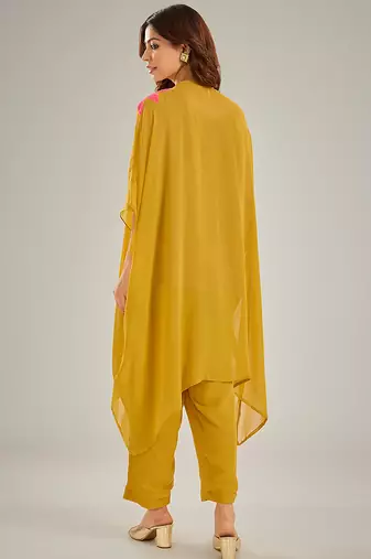 Yellow embroidered crepe kaftan set