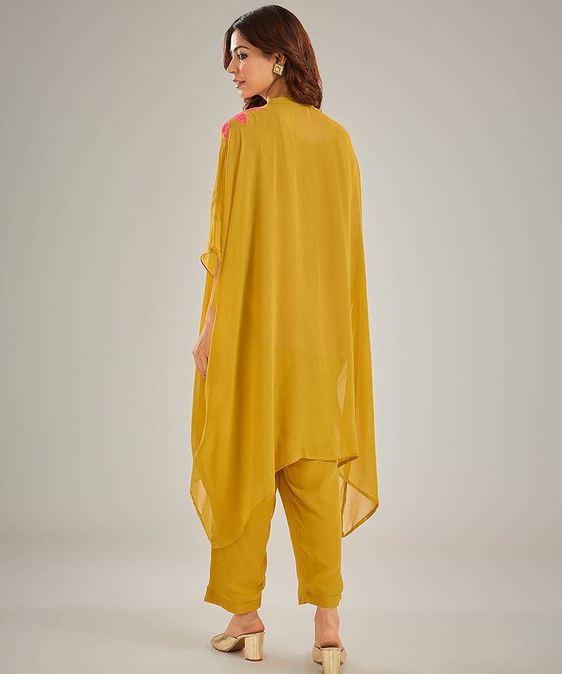 Yellow embroidered crepe kaftan set