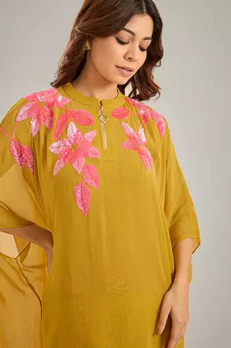 Yellow embroidered crepe kaftan set
