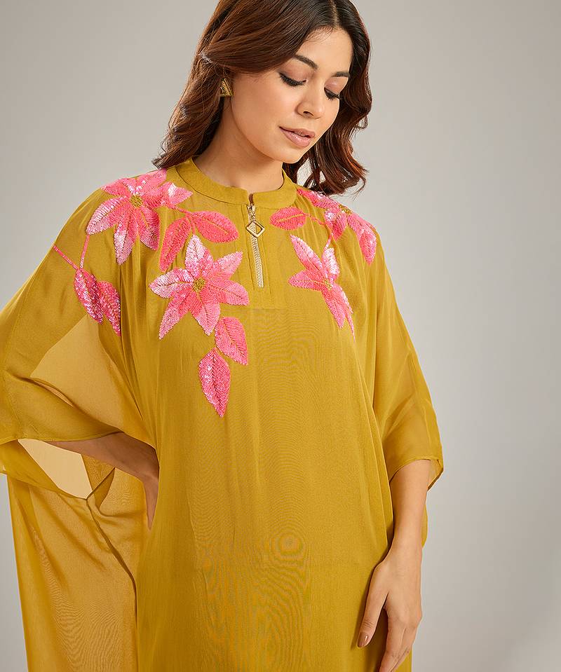 Yellow embroidered crepe kaftan set