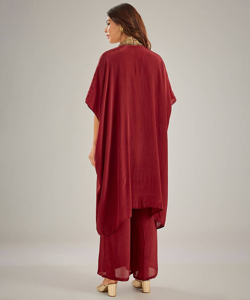 Maroon embroidered crepe kaftan set