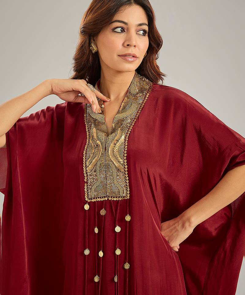 Maroon embroidered crepe kaftan set